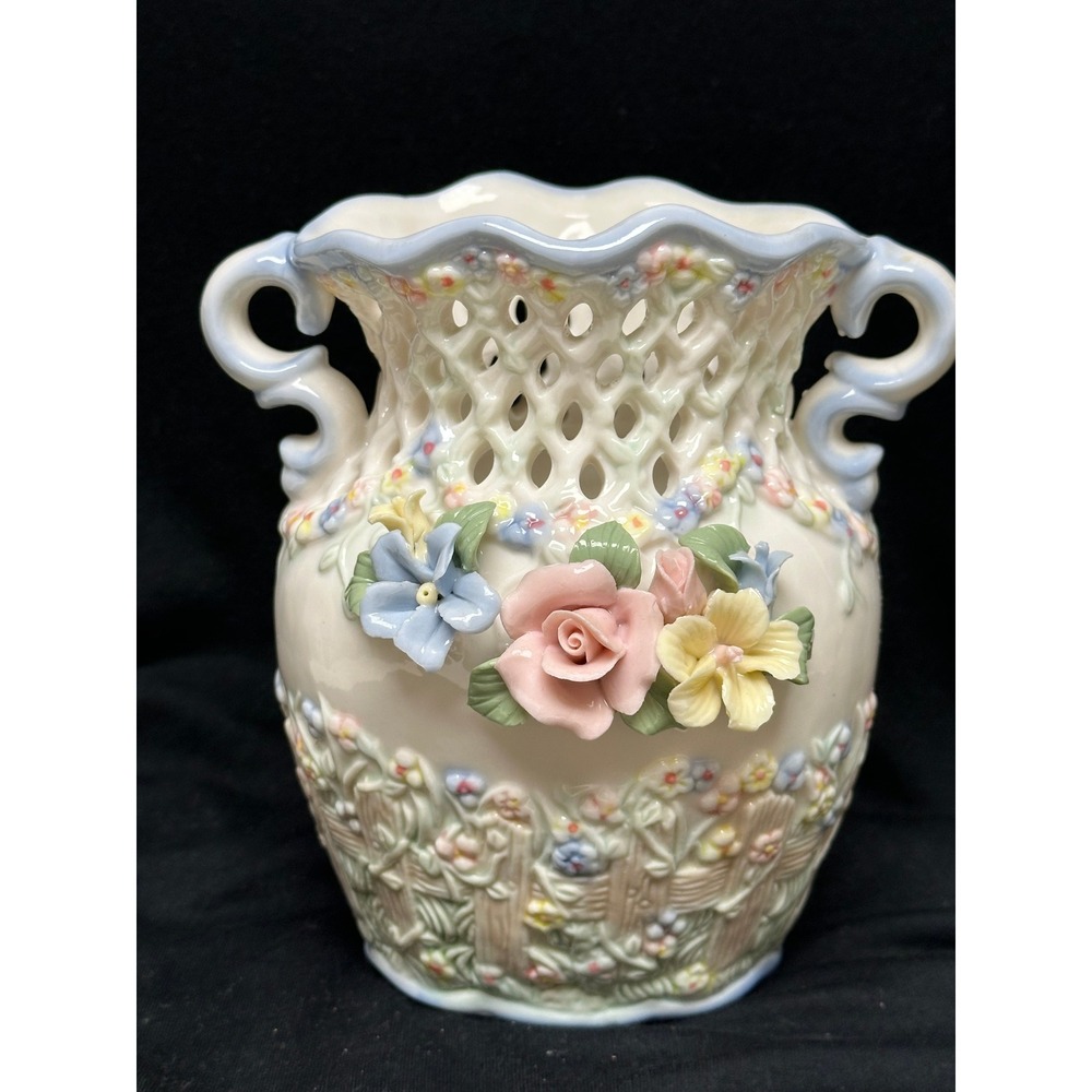 Floral Lattice Vase Cream Pastel Applied Porcelain 3D Flowers Scrolled Victorian